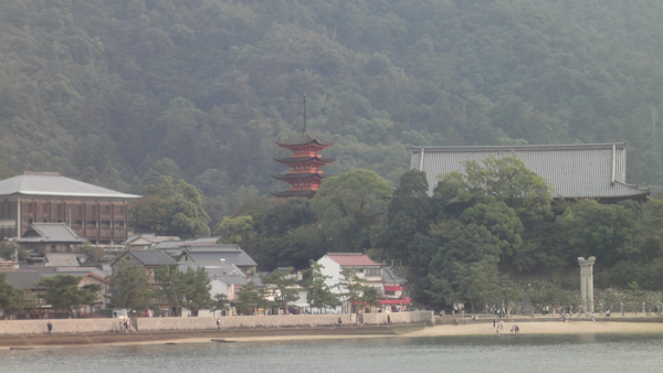 pagoda and buildings on the distant shore